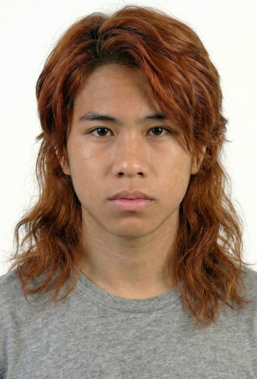 Ethan Flores as a teenager, long auburn hair, grey t-shirt