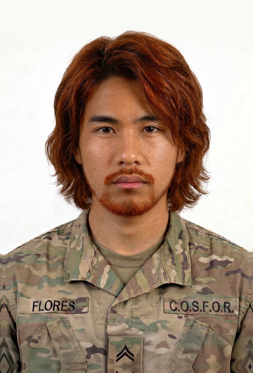 Ethan Flores in uniform as a Corporal, C.O.S.F.O.R. tape