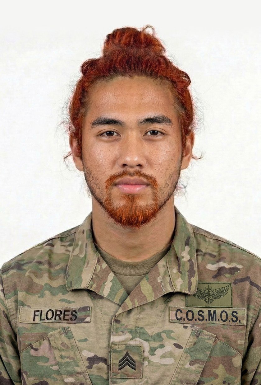 Ethan Flores in uniform as a Sergeant, C.O.S.M.O.S. tape and unit patch