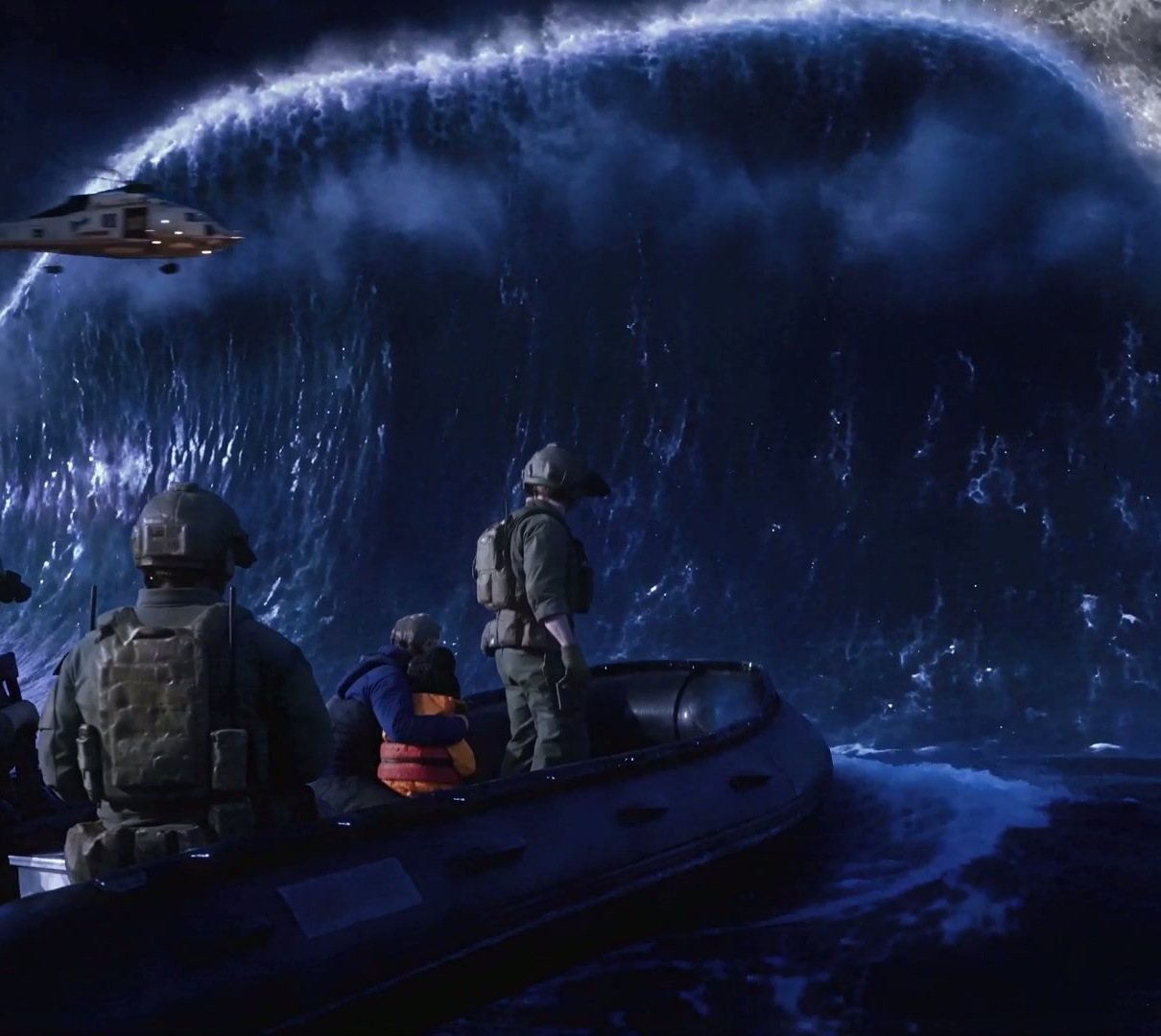 Moonkeeper: Navy SEALs in a rubber boat facing the giant wave