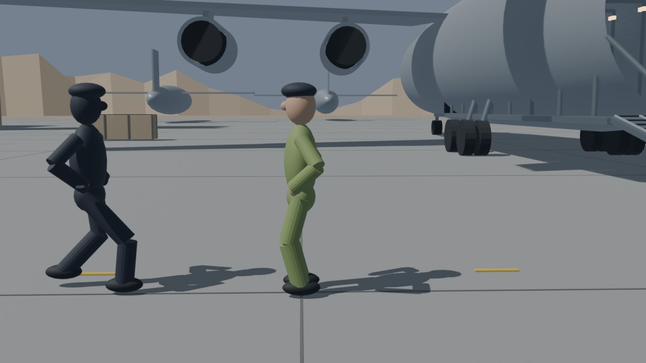 Blender layout: Two characters blocked against the transport plane.