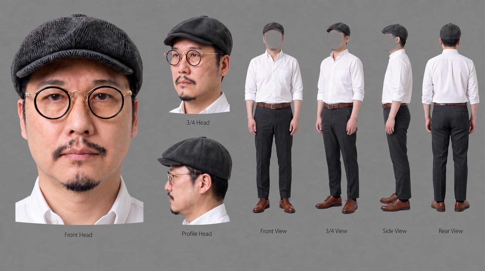 Character reference sheet: front, three-quarter and profile head views plus front, three-quarter, side and rear full-body wardrobe views